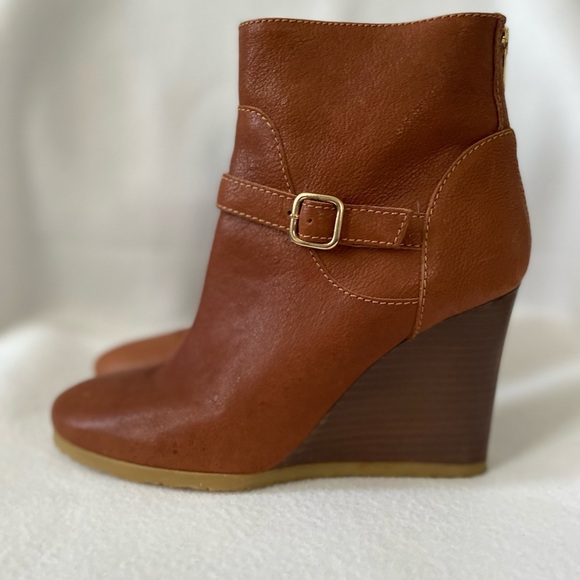 J. Crew Size 8 1/2 Leather Cognac Wedge Bootie - Picture 1 of 16